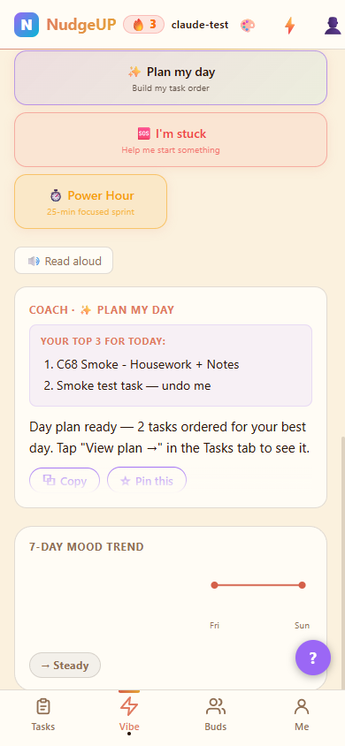 Onzy AI Coach screen — choose a coaching mode and get a personalized Day Plan based on your energy check-in