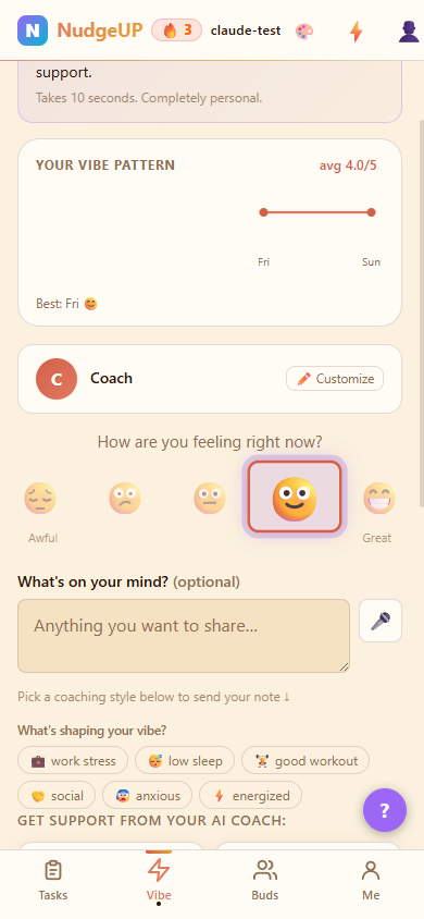 Onzy Coach screen — tap your energy level and let the app reorder your task list automatically