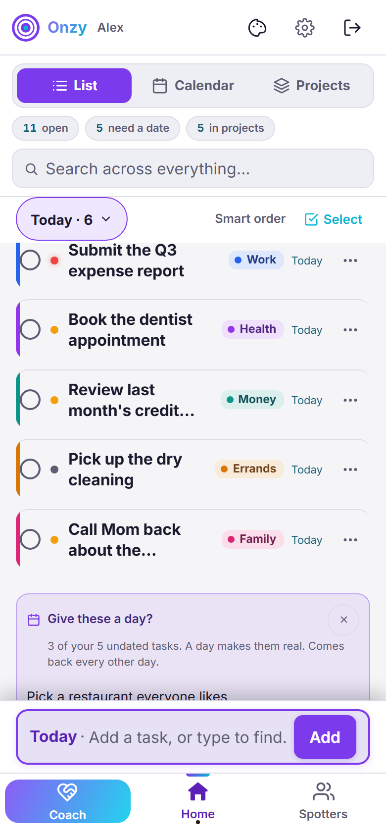 Onzy's task list: today's tasks under a 'Today · 5' header, each with a check-off circle, a priority dot, a NEW badge and a Share with Spotter button, plus a task-entry bar along the bottom.