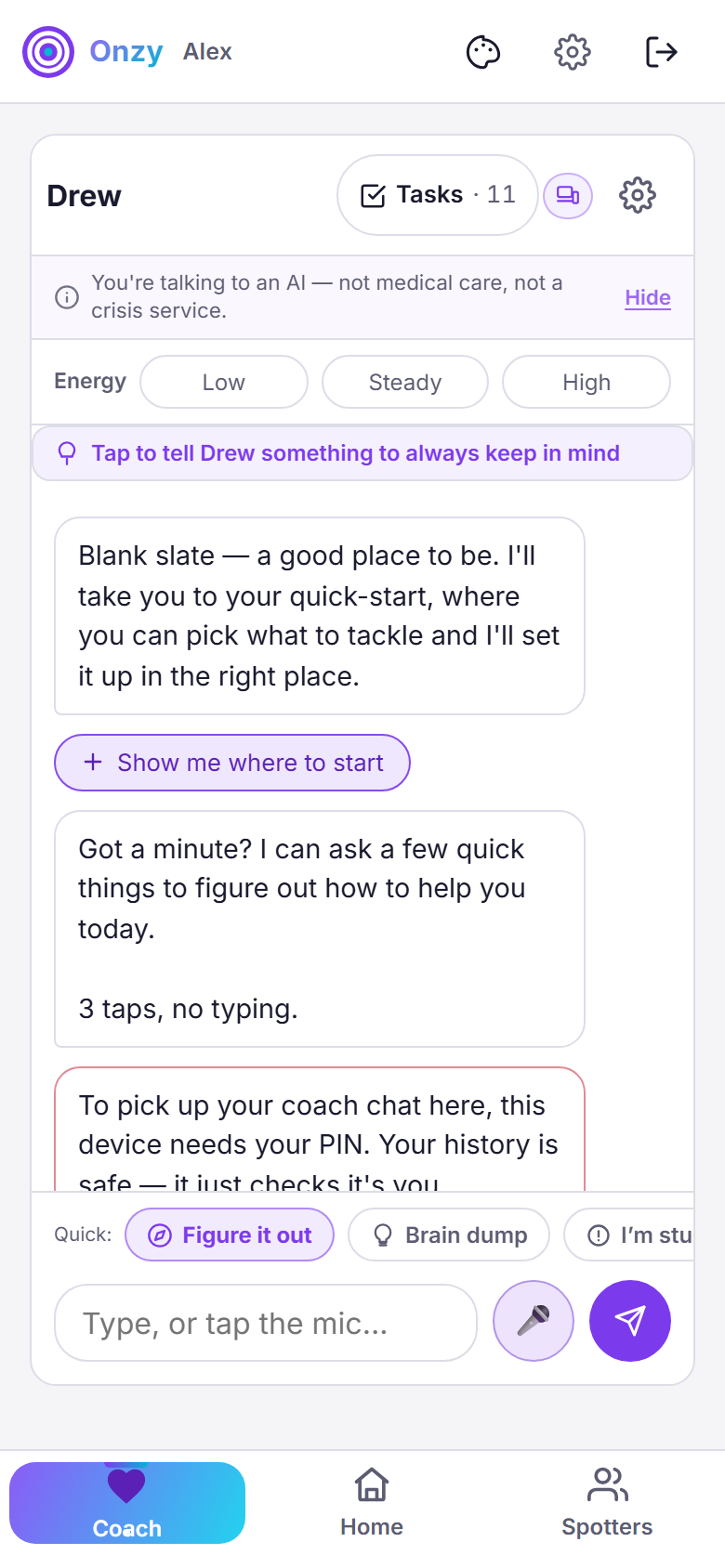 Onzy's Coach screen with an Energy row offering Low, Steady, and High just above the coach's messages.