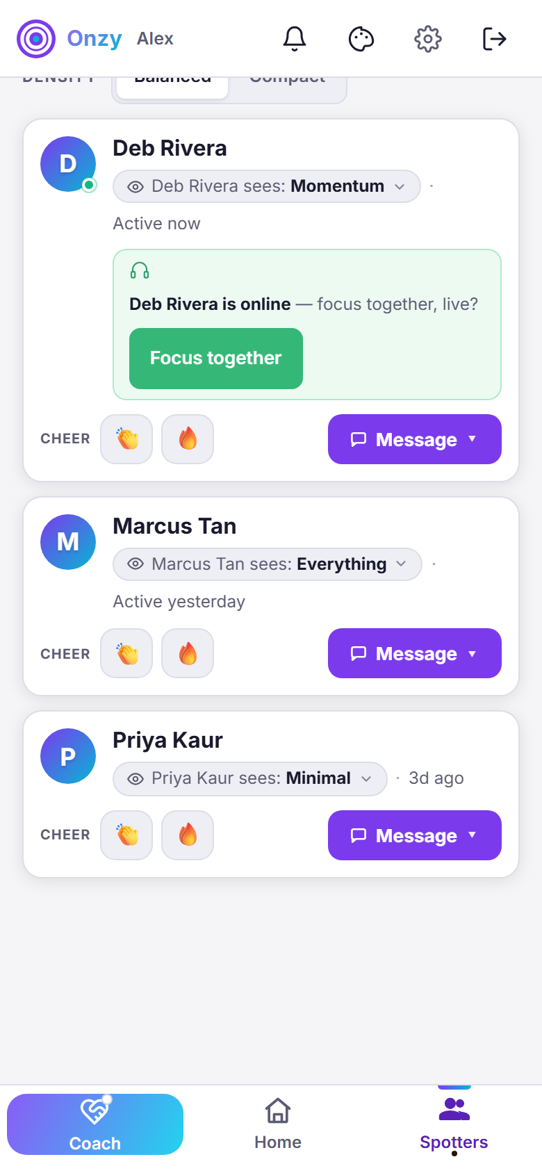 Onzy's Spotters tab — a simple list of the people in your corner, each card showing a full name, a status dot, a 'sees:' visibility chip, a one-tap cheer (clap and flame), and a Message button.