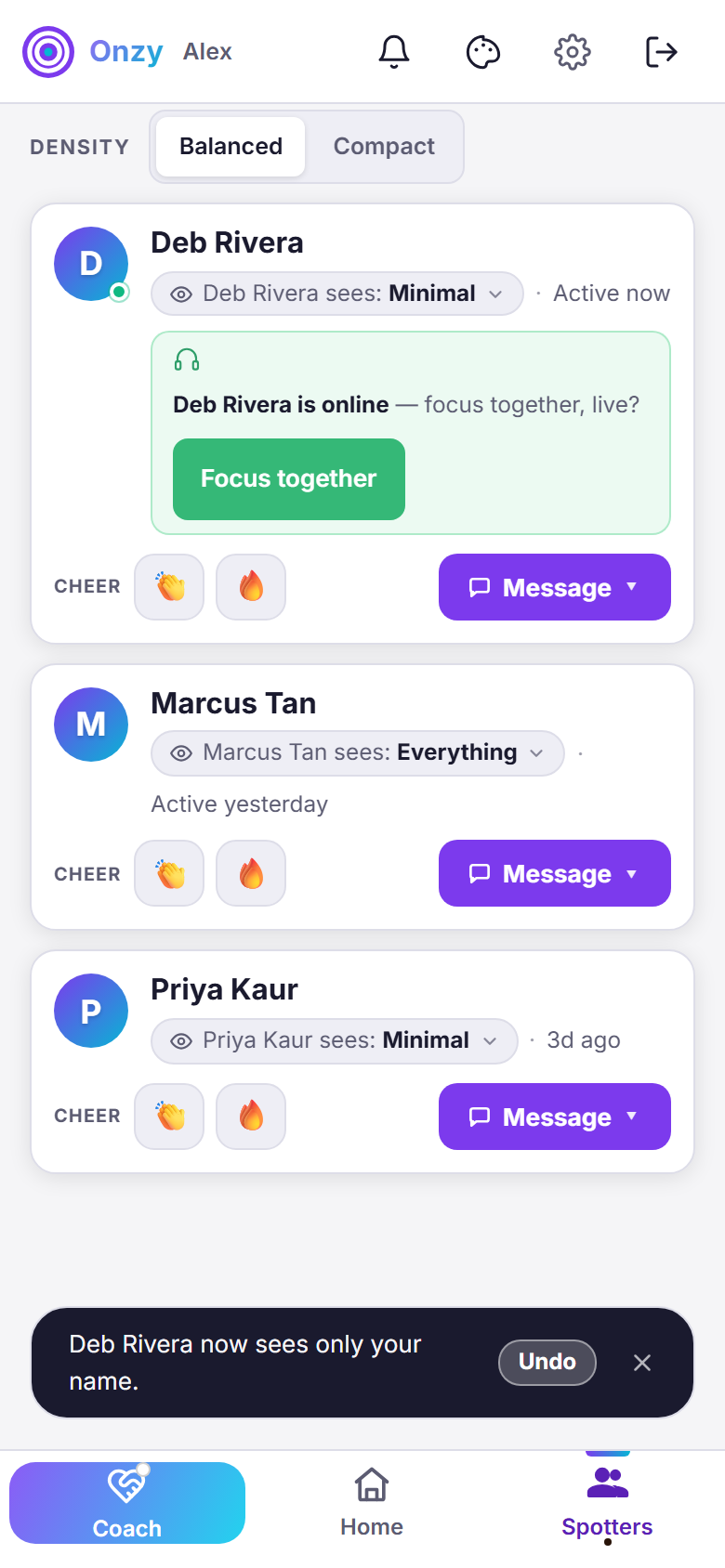 A Spotter card in Onzy with its 'Deb Rivera sees: Minimal' visibility chip, and a confirmation toast reading 'Deb Rivera now sees only your name' with an Undo button — showing that you control what each Spotter sees.
