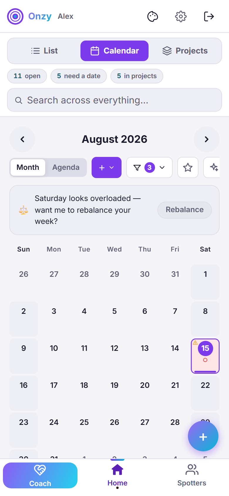 Onzy's calendar: a month grid for August 2026 with small markers on days that have tasks, a Month and Agenda toggle, Add and Filters buttons, and the selected day's tasks listed below under its date.