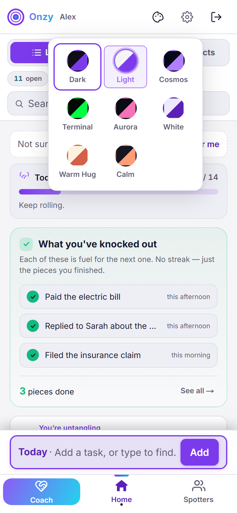 Onzy's theme picker, opened from the palette icon in the top bar, showing eight themes: Dark, Light, Cosmos, Terminal, Aurora, White, Warm Hug, and Calm.