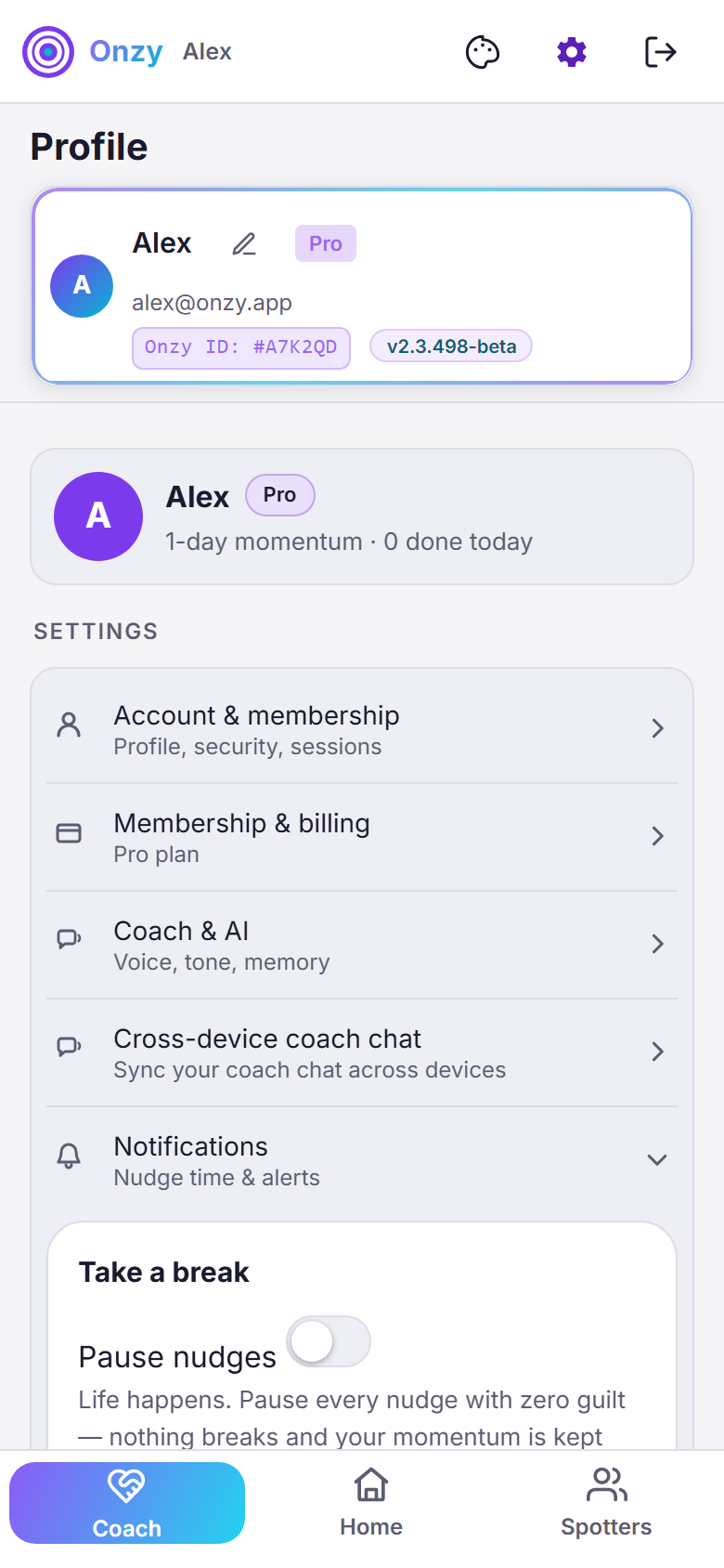Onzy's Notifications settings with toggles for Special-day reminders, a Morning focus push tied to your Nudge Time window, a Weekly what-slipped recap, a Daily reminder limit, and Quiet hours.
