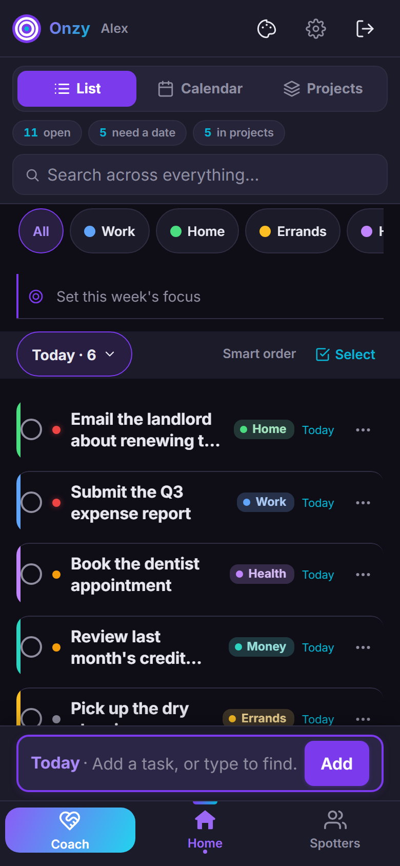 Onzy's task list shown in the Dark theme.
