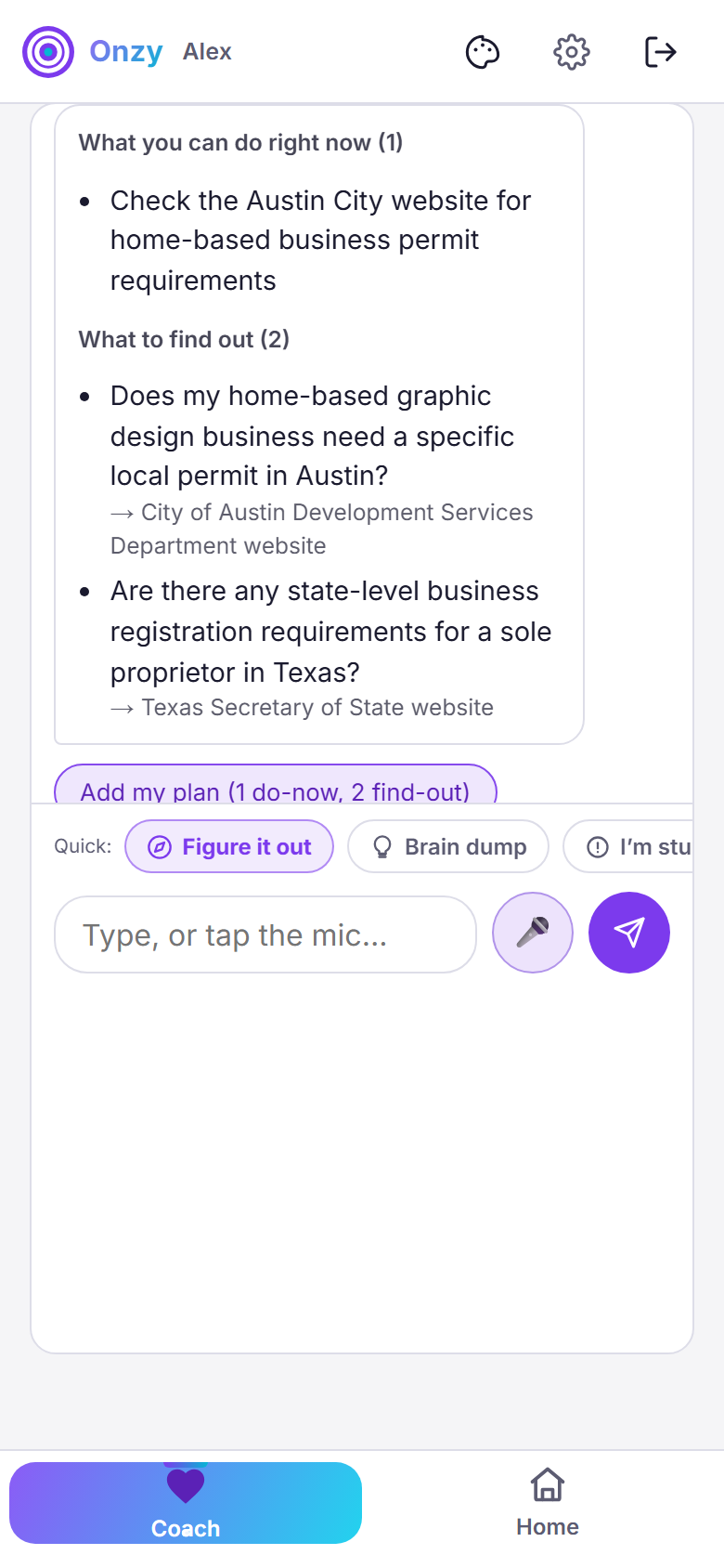 Onzy's coach laying out an Untangle result in the chat thread: a 'What you can do right now' item and a 'What to find out' list with where to look, plus an 'Add my plan' button.